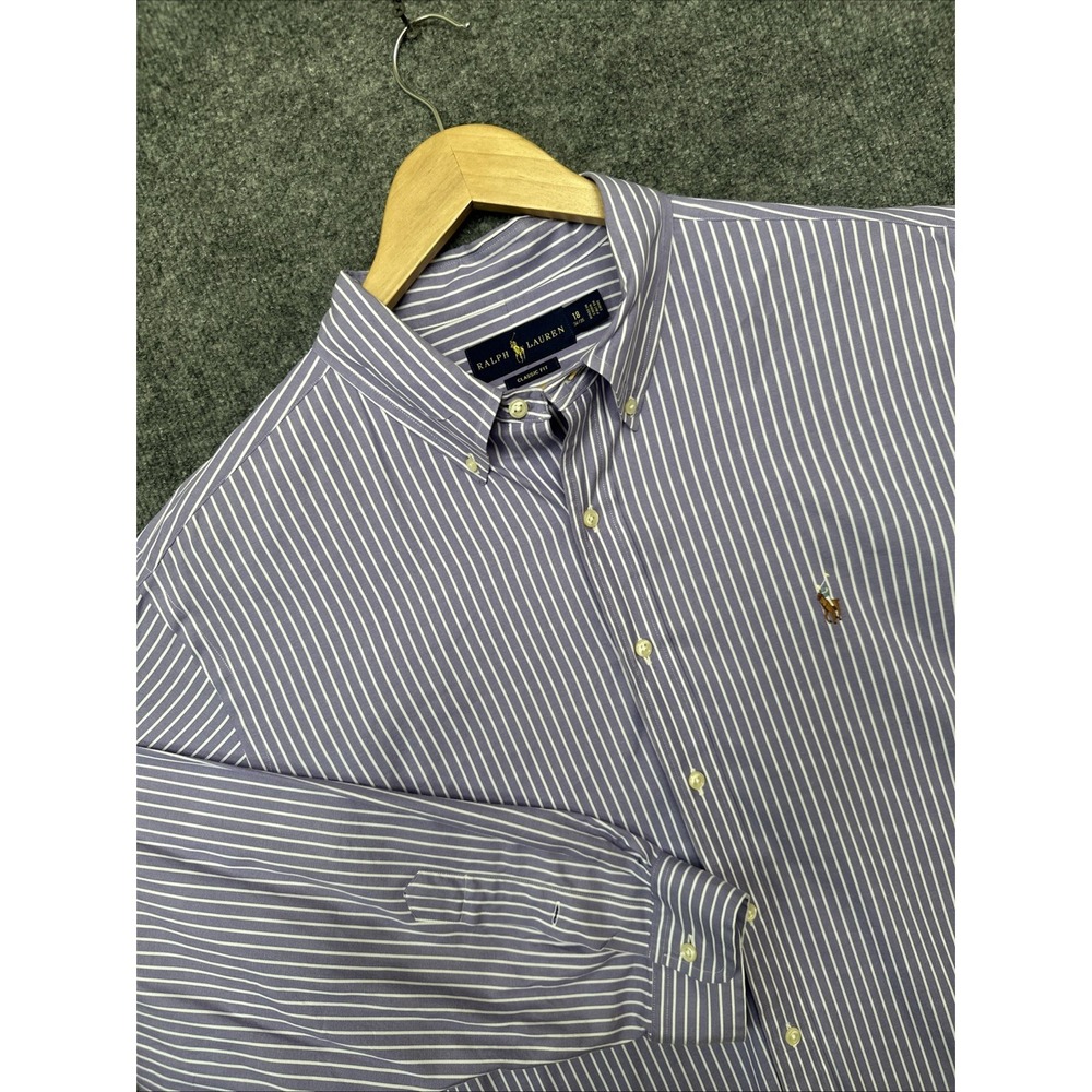Ralph Lauren Shirt Mens Sz 18 34/35 Purple Striped Classic Button Down Pony